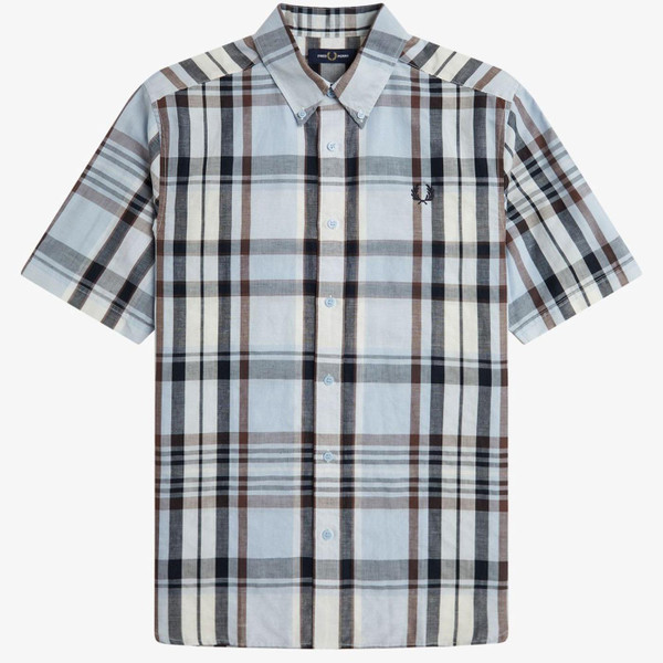 Fred Perry Madras Check Linen Blend Short Sleeve Shirt in Light Smoke	