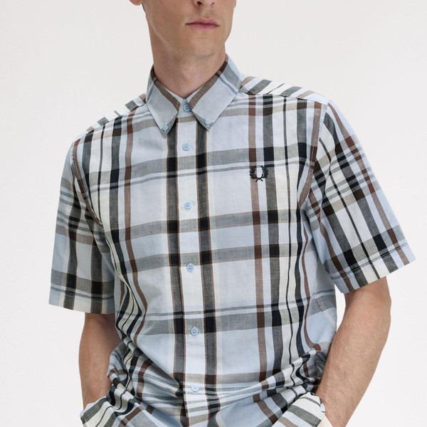 Detail on Fred Perry Madras Check Linen Blend Short Sleeve Shirt in Light Smoke