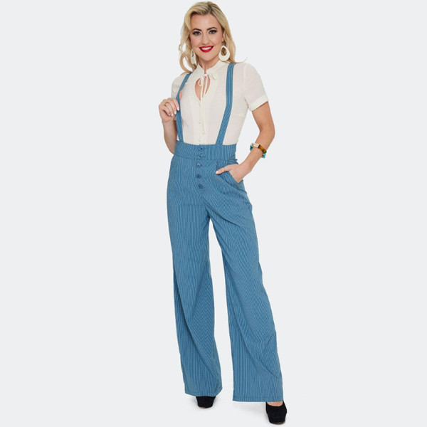 Voodoo Vixen Retro 50s Wide Leg Pinstripe Suspender Braces Trousers in Blue