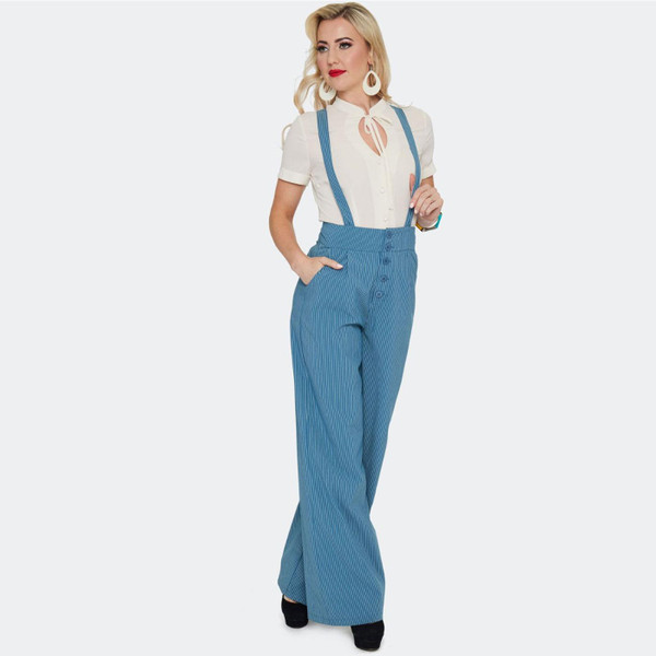 Side view of Voodoo Vixen Retro 50s Wide Leg Pinstripe Suspender Braces Trousers in Blue