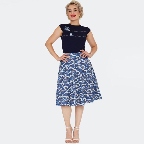 Full length view of Voodoo Vixen Kraken Retro Nautical Waves Embroidered Sweater in Navy