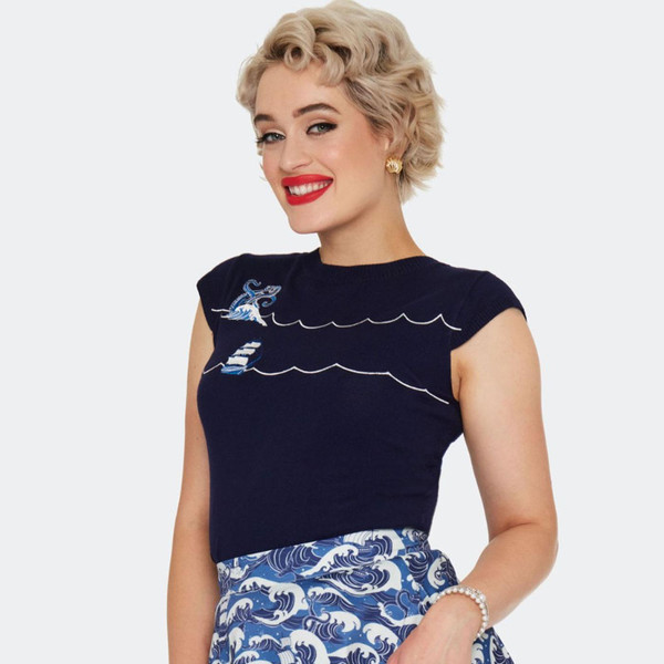 Side view of Voodoo Vixen Kraken Retro Nautical Waves Embroidered Sweater in Navy