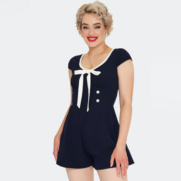 Voodoo Vixen Bow & Button Detail Nautical Sailor 1950s Playsuit