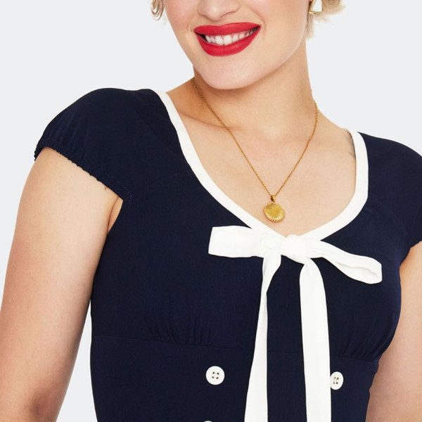 Close up on bow and buttons on Voodoo Vixen Nautical Sailor 1950s Playsuit