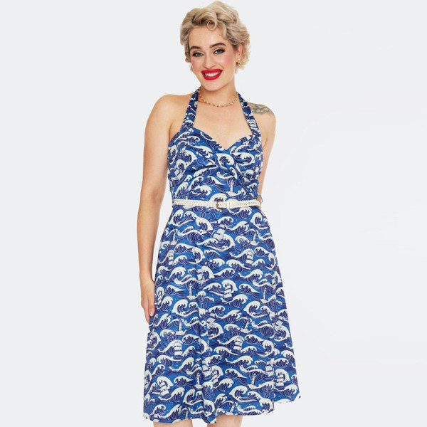 Model wearing Voodoo Vixen Nautical Waves Halter Neck Midi Dress in Blue