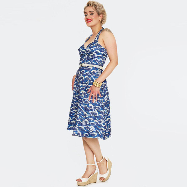Side view of Voodoo Vixen Nautical Waves Halter Neck Midi Dress in Blue