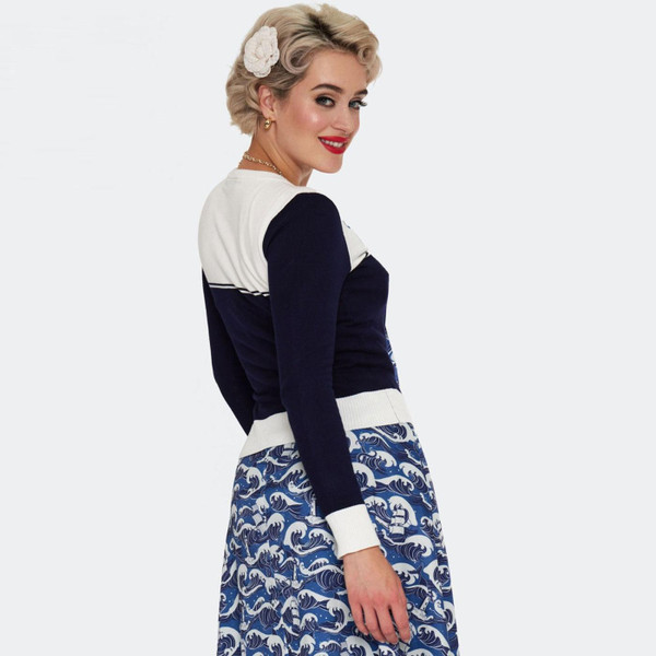 Back of Voodoo Vixen Nautical Wave Kraken Embroidered Cardigan in Navy/White