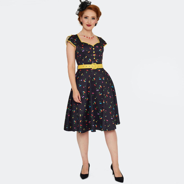 Full length photo of Voodoo Vixen Rainbow Cherry Print 50s Flare Doll Dress