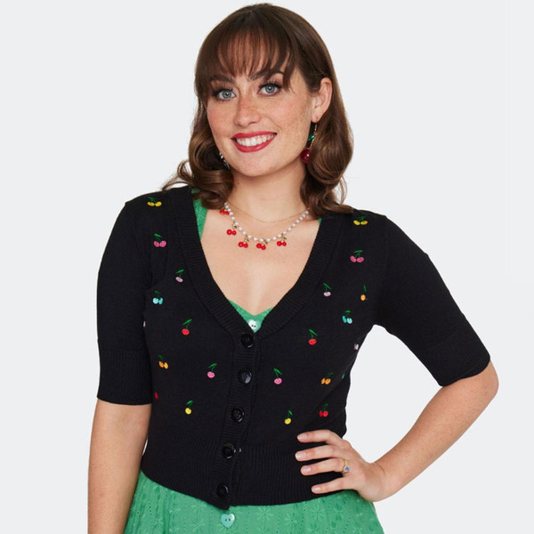 Voodoo Vixen Rainbow Cherry Embroidered Cardigan in Black