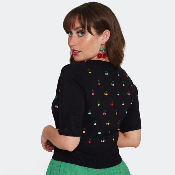 Back of Voodoo Vixen Rainbow Cherry Embroidered Cardigan in Black