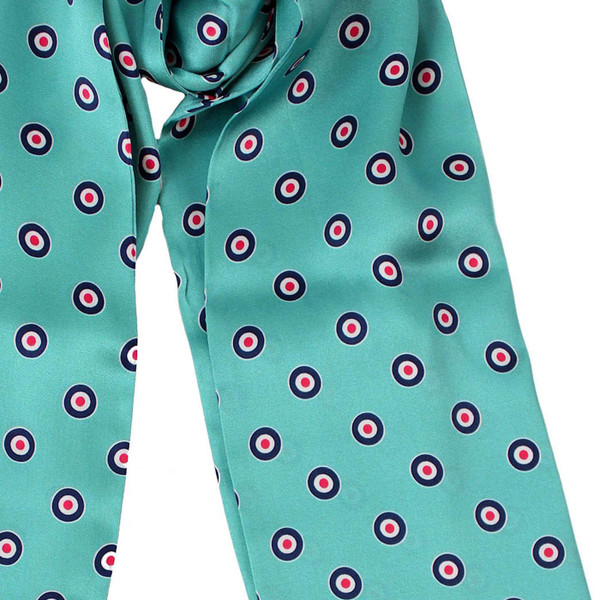 Tootal Mod Target Silk Scarf in Airforce Blue with Red Fringe Close Up