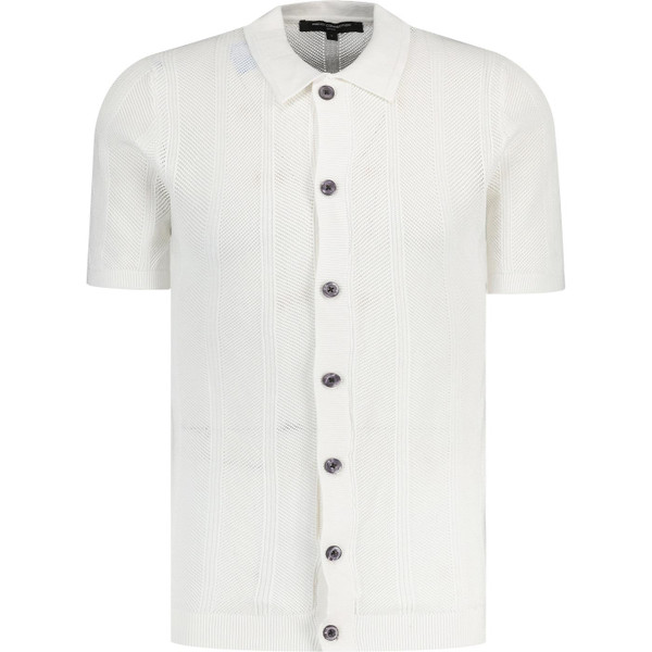 french connection mens bias textured knit short sleeve button through polo tshirt ecru