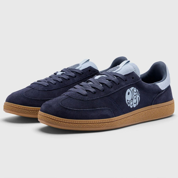 Front view of Pretty Green Live Forever Ramblas Suede Trainers in Navy G25Q3MUACC308 