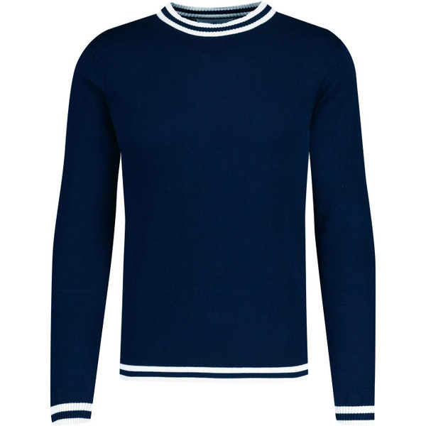 Madcap England Retro 70s 60s Moon Long Sleeve Tipped Jumper in Navy Blazer with White tipping
