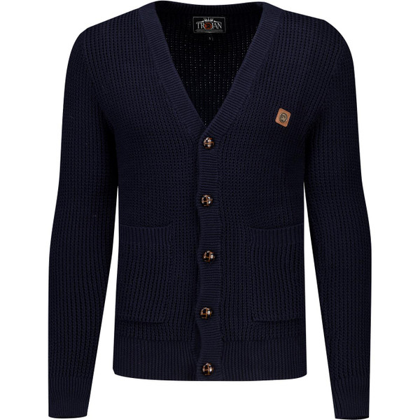 Trojan Men's Retro 70s 80s Chunky Knit Waffle Cardigan in Navy Blue