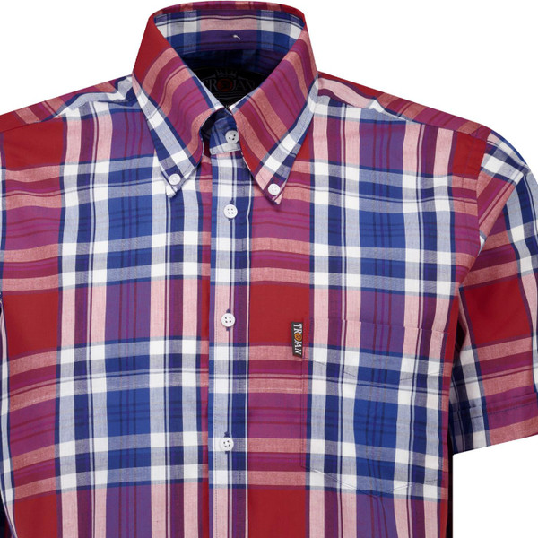trojan records clothing mens multi check mod button down short sleeve shirt cobalt blue red