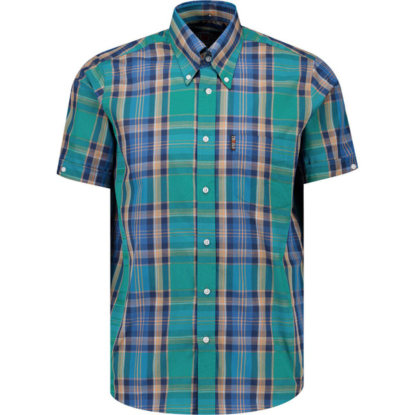 trojan records clothing mens multi check mod button down short sleeve shirt jade green blue