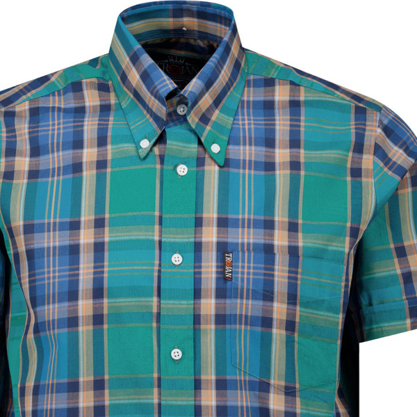 trojan records clothing mens multi check mod button down short sleeve shirt jade green blue