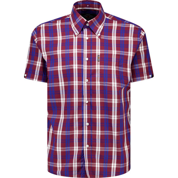 trojan records clothng mens windowpane check button down short sleeve shirt port blue