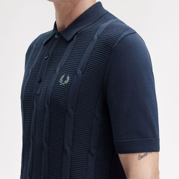Fred Perry Men's Mod Textured Cable Knit Polo Shirt in Dark Airforce K1313 738 Close Up