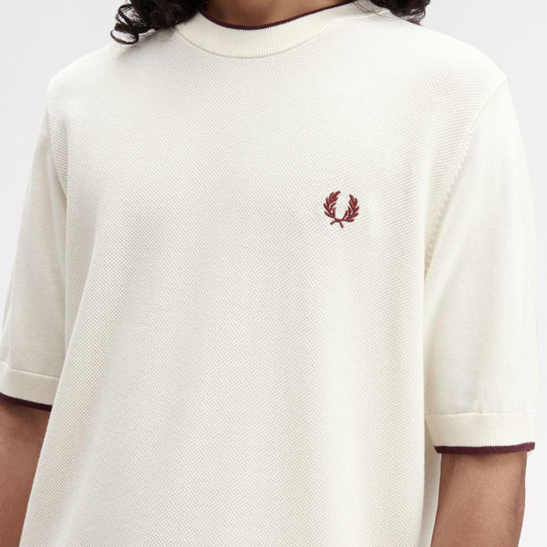 Fred Perry Mod Pique Stitch Knitted T-shirt in Ecru K7642 R96 Close Up