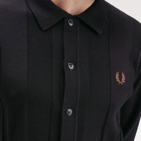 Fred Perry Button Through Textured Knitted Shirt in Black K9726 102 Close Up 1