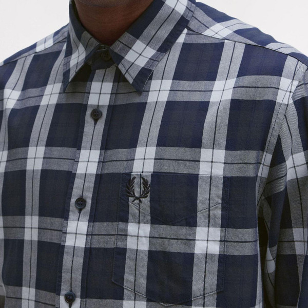 Fred Perry Yarn Dyed Tartan Twill Shirt in Dark Airforce M1742 738 Close Up 1