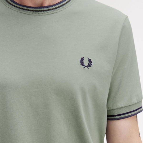 Fred Perry M1588 Retro Twin Tipped T-shirt in Bay Leaf M1588V Z49 Close Up Fred Perry M1588 Retro Twin Tipped T-shirt in Bay Leaf M1588V Z49 Close Up