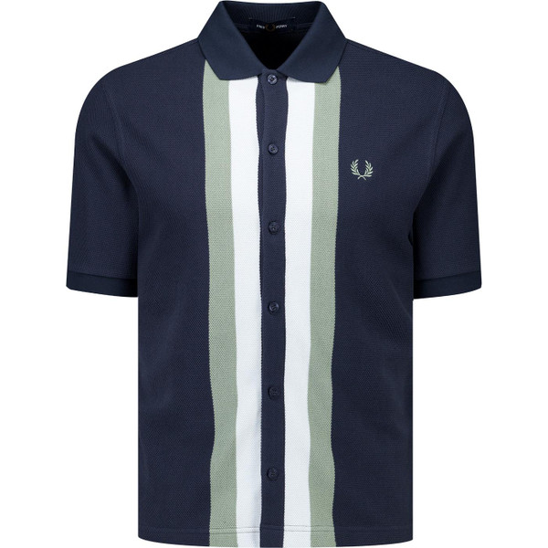 fred perry mens retro panelled button through polo tshirt dark airforce navy