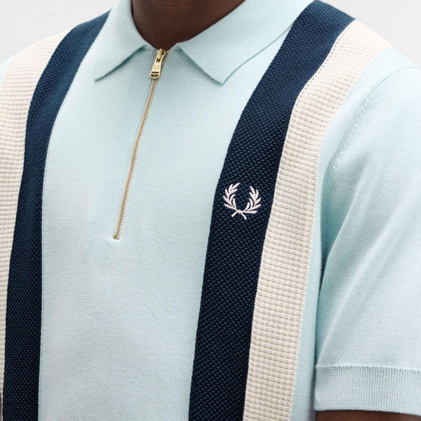 Fred Perry Multi Texture Retro Knitted Polo Shirt in Light Ice K1353 R30 Close Up