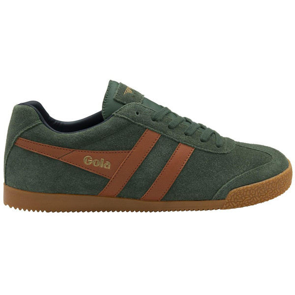 Gola Harrier Men's Trainers in Evergreen, Moody Orange and Navy CMA192NU Side Photo Gola Harrier Men's Trainers in Evergreen, Moody Orange and Navy CMA192NU Side Photo