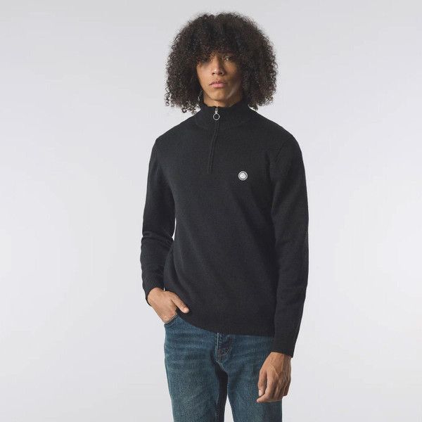 Pretty Green Mod Merino Blend Quarter Zip Jumper in Black Model Photo Front