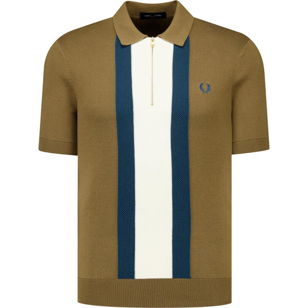 fred perry mens textured stripe knitted quarter zip polo tshirt shaded stone brown