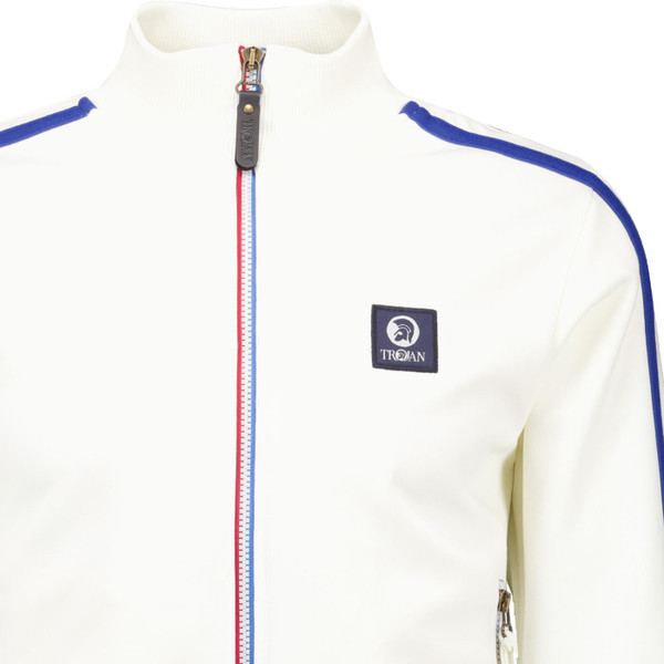 trojan records clothing mens twin stripe contrast zip retro funnel neck track top ecru blue