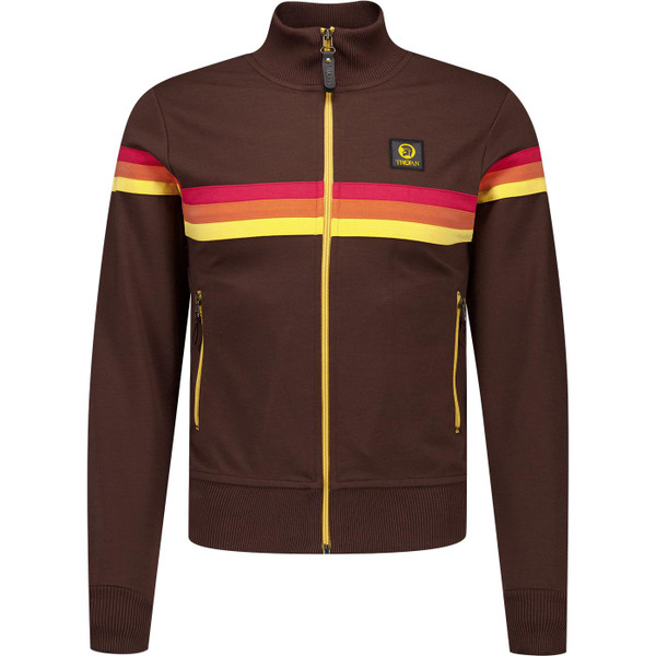 trojan records clothing mens retro chest stripe funnel neck zip track top chocolate brown