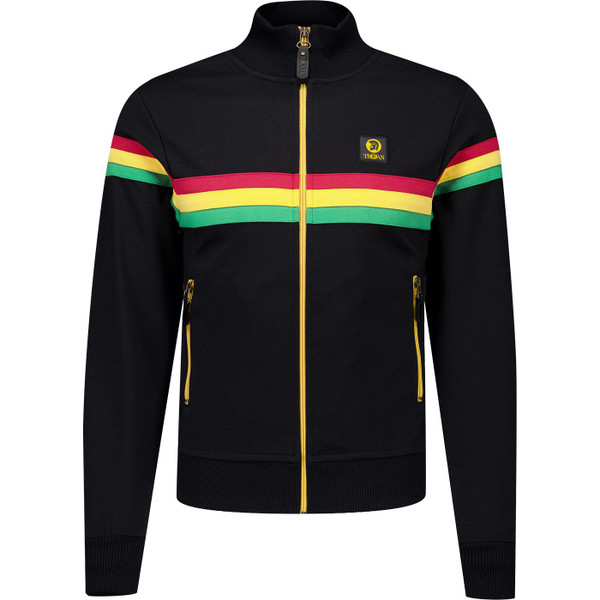trojan record clothing mens retro rasta chest stripe funnel neck zip track top black