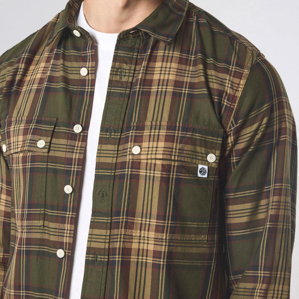 Pretty Green Oldham Men's Mod Poplin Check Shirt in Khaki Close Up