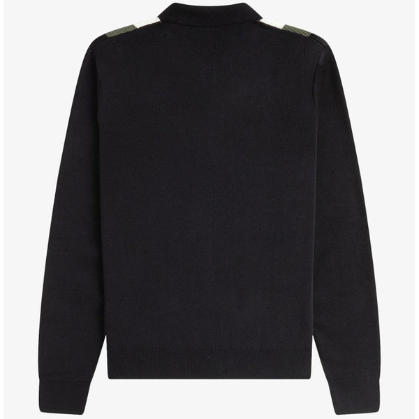 Fred Perry Multi Textured Stripe Long Sleeve Knitted Polo Shirt in Black Back Photo