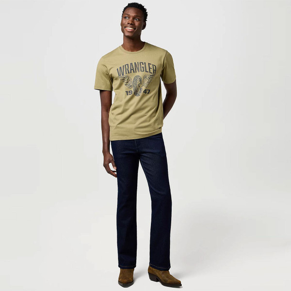 Wrangler Wrancher Slim Bootcut Men's Jeans in Moonlight Rinse Model Photo