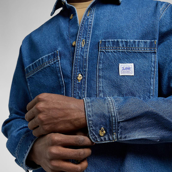 Lee Jeans Retro Mid Blue Denim Workwear Shirt 112370475 Close Up