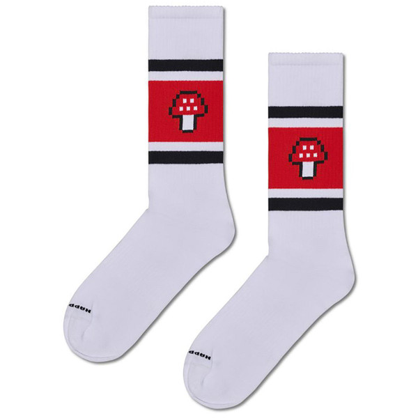 Happy Socks Mushroom Stripe Retro Sneaker Socks in White and Red