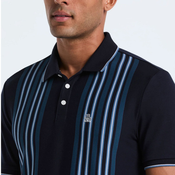 Collar on Original Penguin Mens Vertical Stripes Polo Shirt in Dark Sapphire Navy