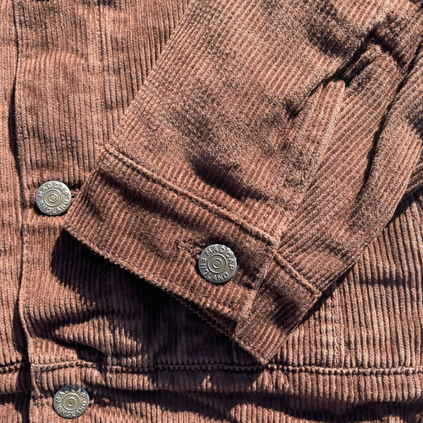 Sleeve cuff on Madcap England Woburn Sherpa Collar Western Trucker Jacket in Cocoa