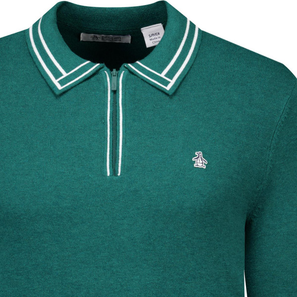 original penguin mens tipped quarter zip long sleeve knitted polo top botanical green