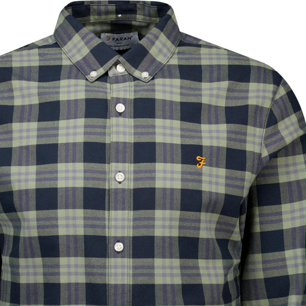 farah vintage mens brewer mod slim fit oxford check long sleeve shirt tarragon green