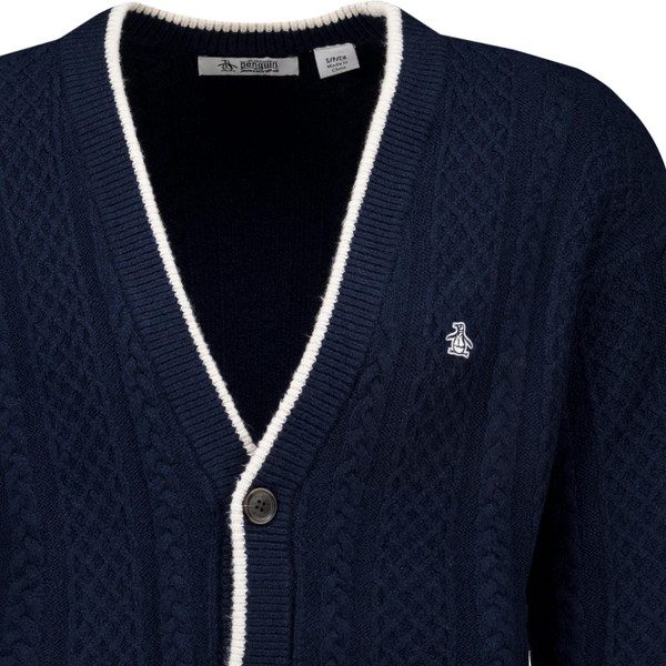 original penguin mens cable knit tipped v neck cardigan dark sapphire