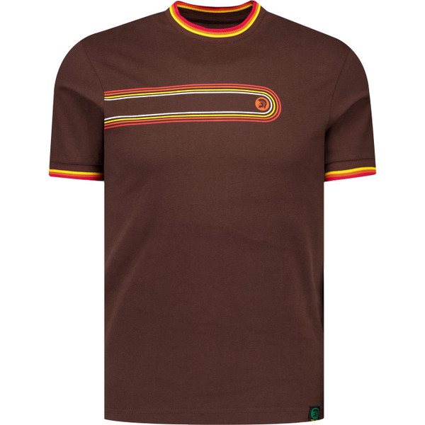 trojan record clothing mens retro print multicolour ringer tshirt chocolate brown