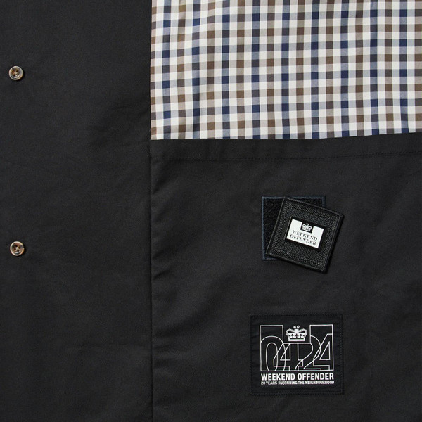 Weekend Offender Whitehouse Mod Check Trim Mac Jacket in Black Close Up 1