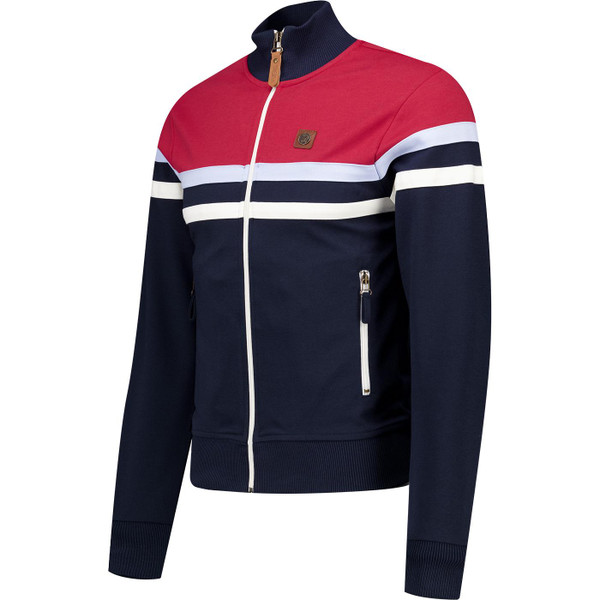 trojan records clothing mens retro colour block panel stripe zip track top navy red