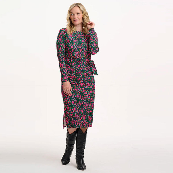 Claudia Sugarhill Brighton Jersey Tie. Midi Dress in Green Flower Explosion D1354 Model Front